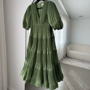 Zimmermann Balloon Sleeve Fern Green Pleated Midi Dress